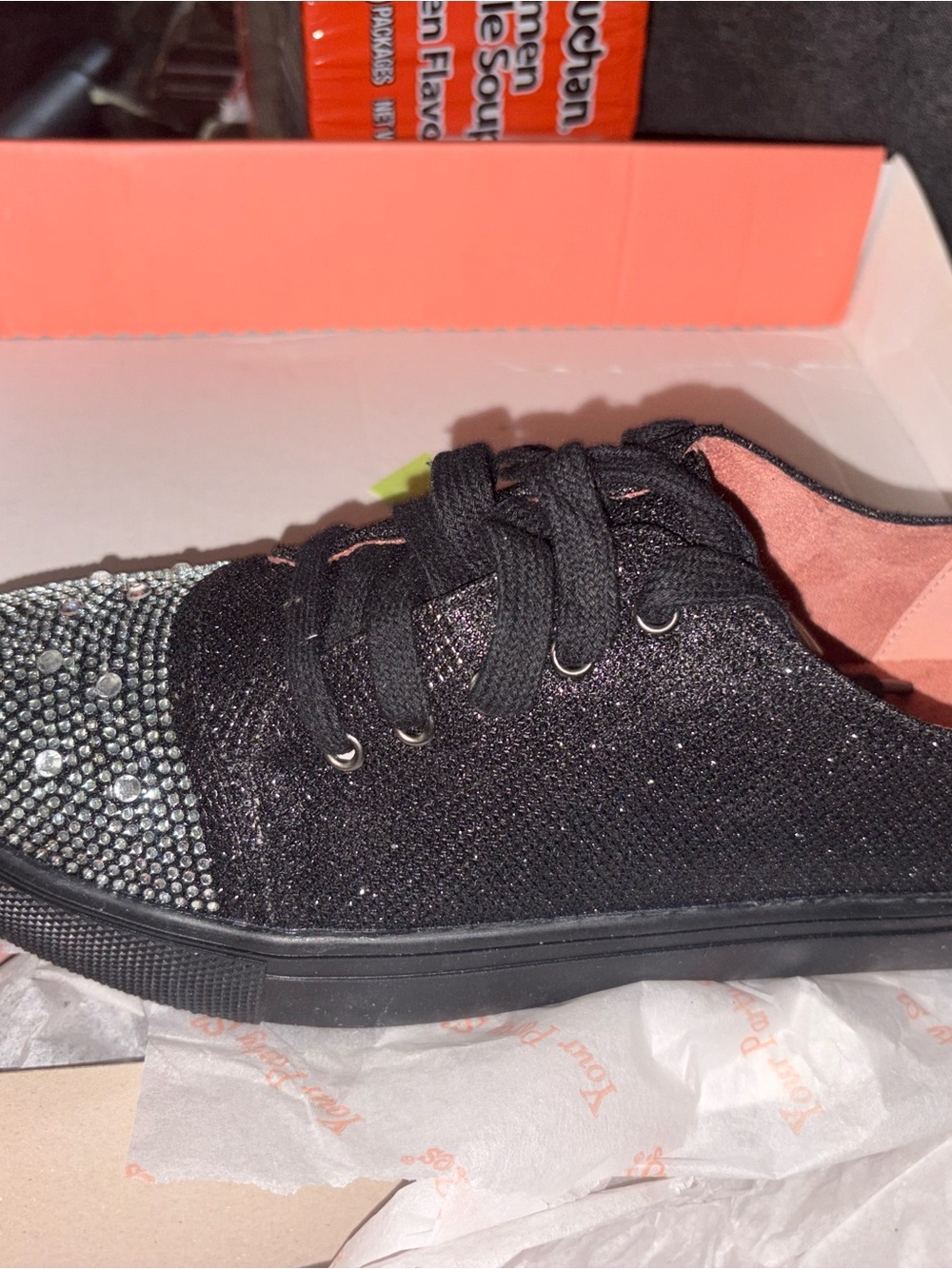 Sparkle Black Rhinestone Lace-Up Sneakers
